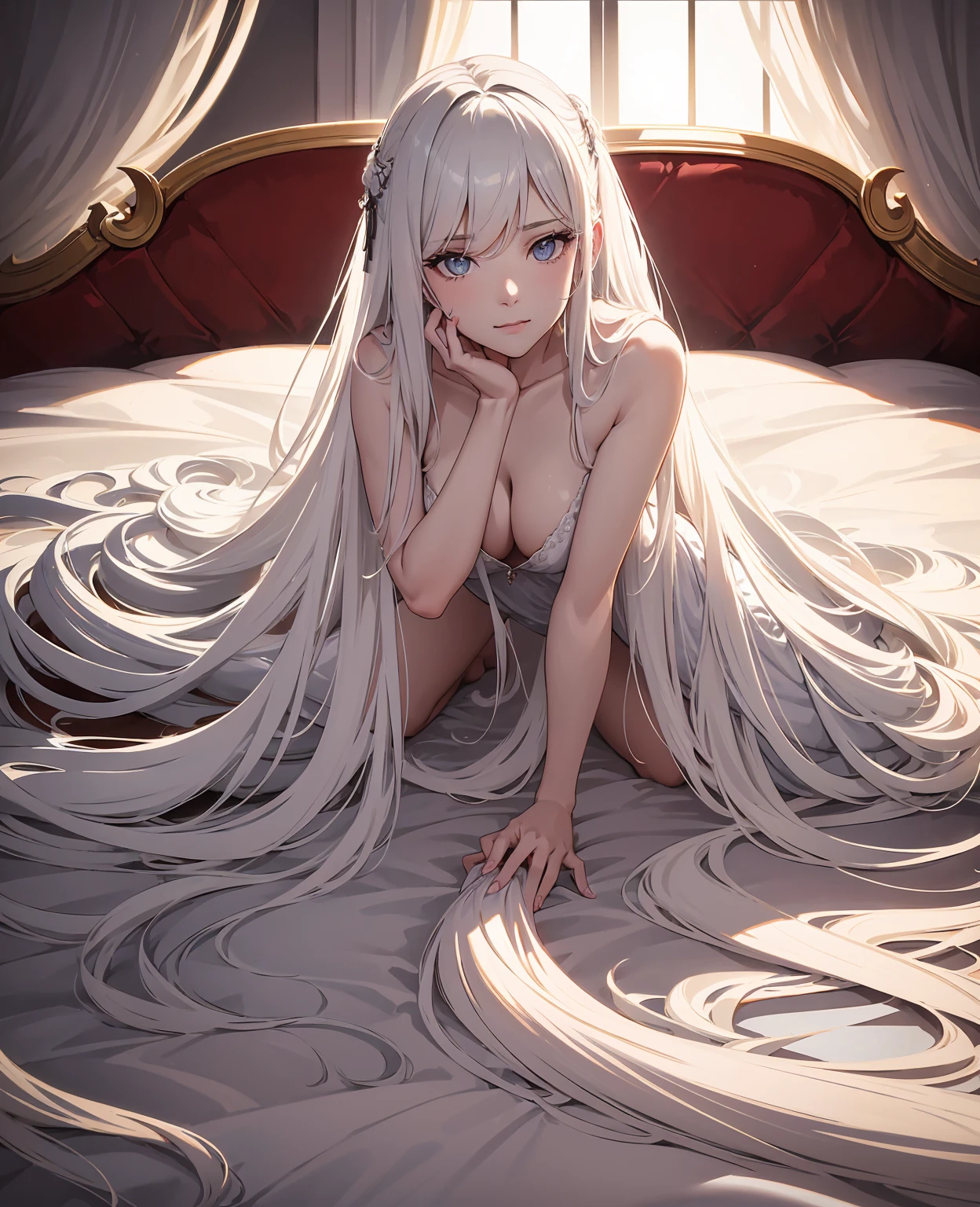 a beautiful woman with long white hair lying seductively on a bed, biting her lower lip and looking directly at the camera, extremely detailed face and eyes, delicate skin, elegant silk bedsheets, dramatic lighting, cinematic composition, photorealistic, 8k, high quality