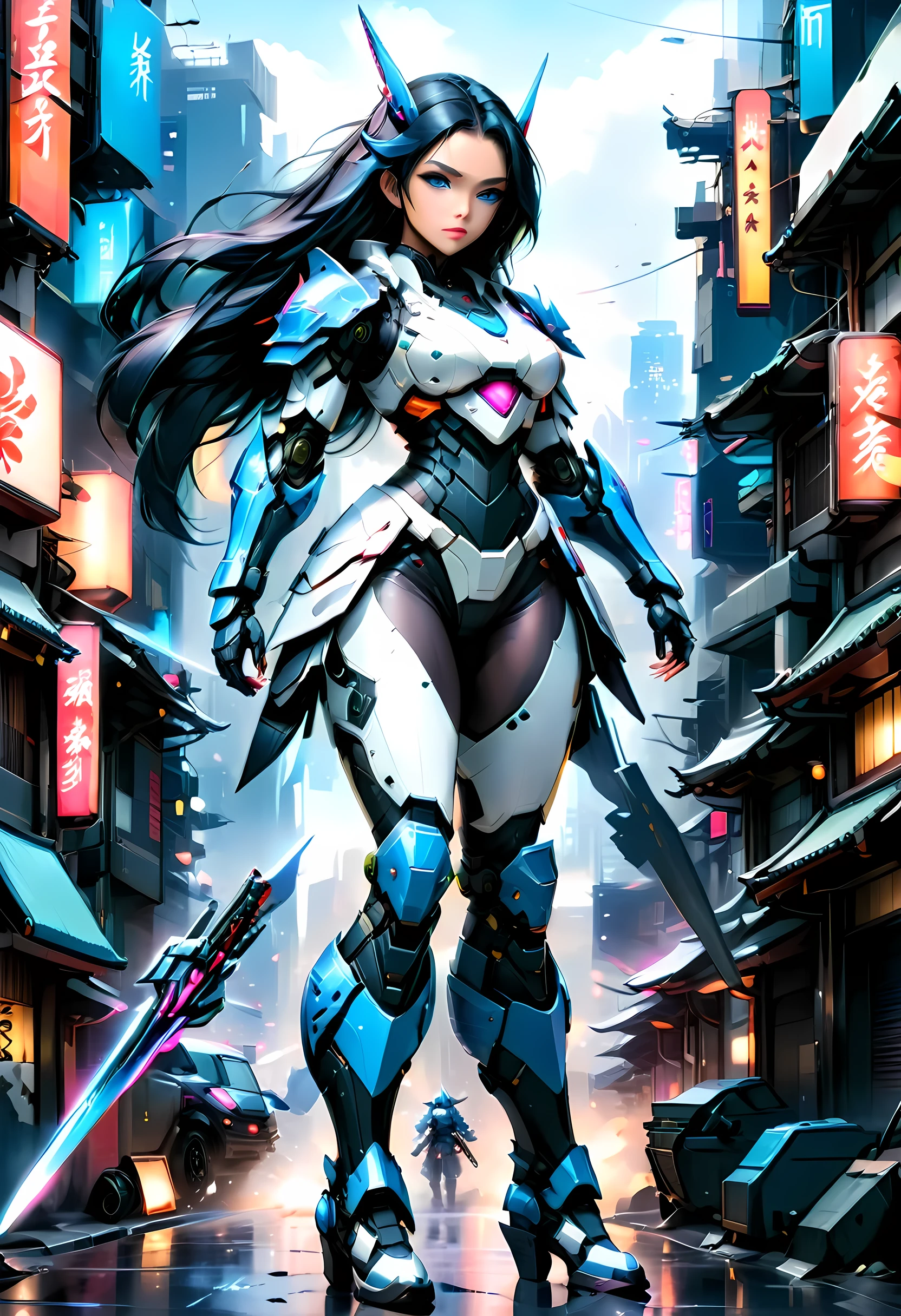 Japanese water color art picture of a mecha samurai woman in cyberpunk city, a mecha samurai woman, exquisite beautiful woman, (fully clothed: 1.3), black hair, long hair, (blue eyes: 1.3), she stands ready to battle, wearing (white mecha armor: 1.3), high heeled boots, she is armed with a Japanese sword, Japanese Cyberpunk city at night, background, (Masterpiece: 1.5), 16k, highres, best quality, high details, ultra detailed, masterpiece, best quality, (extremely detailed), arafed, mecha, 