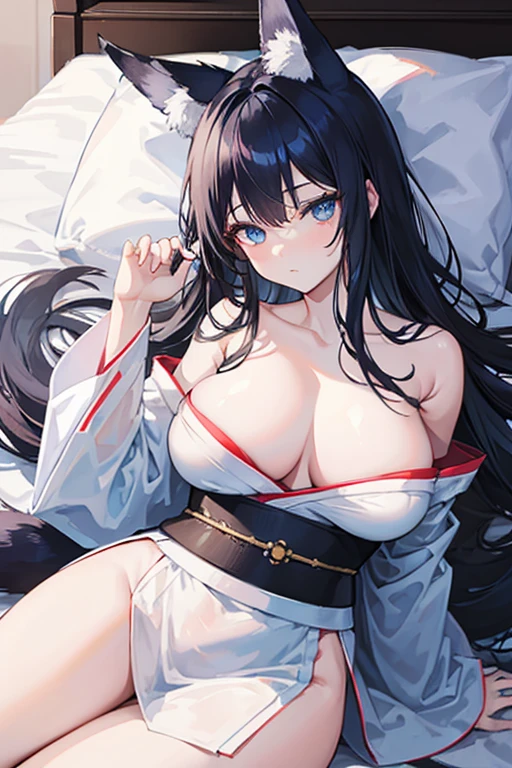 One woman,Big Breasts,Black Hair,Blue Eyes,Long Hair,Fox Ears,Fox Tail,White kimono,On the bed,Lie face down with one elbow on the floor,Provocative look