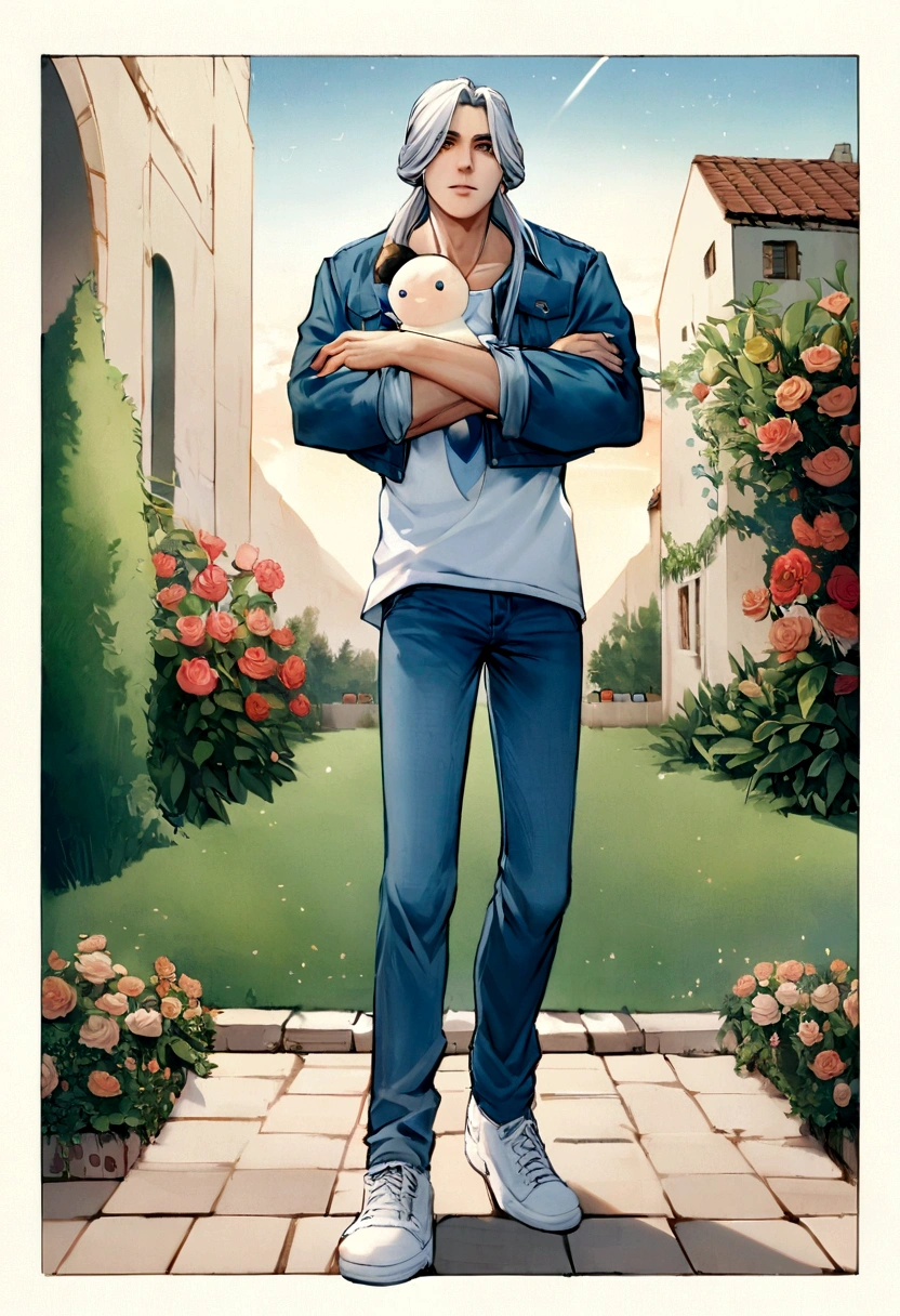 German man, 25 anos, olhos verdes detalhados cabelos louro , heartthrob style, com ar de santidade, sorrindo, seeing the sky, usando uma camiseta vermelho, jeans, and white sneakers, a denim jacket hugged with the beautiful, 25 anos, olhos azul detalhados cabelos negro liso curto fraja, corpo de modelo desenvoldo, com ar de santidade, sorrindo, seeing the sky, wearing a long, loose red sailor dress and shoes hugging the boy, missing him so much