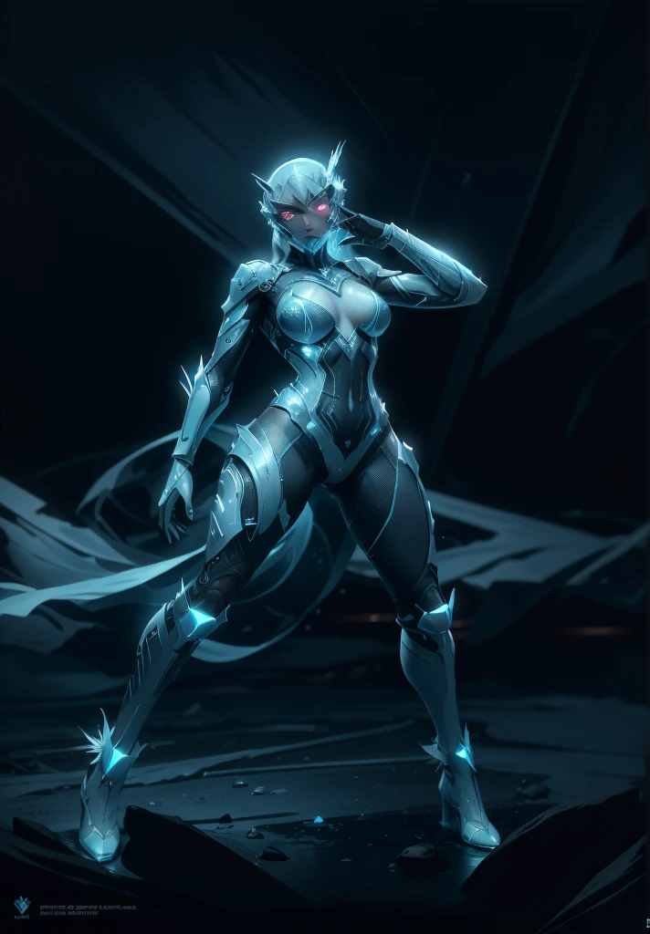 (high-res, vivid colors), blue bird alien, detailed feathers, sparkling eyes, alien landscape, vibrant colors, surreal atmosphere, glowing lights, otherworldly features, intricate patterns, dreamlike scenery, Arctic Frost Ranger: A suit featuring icy blue and frosty white hues, accented with snowflake patterns and frost crystals. This Ranger commands the power of ice and cold, with abilities such as creating blizzards, forming ice constructs for defense, and freezing enemies in their tracks.