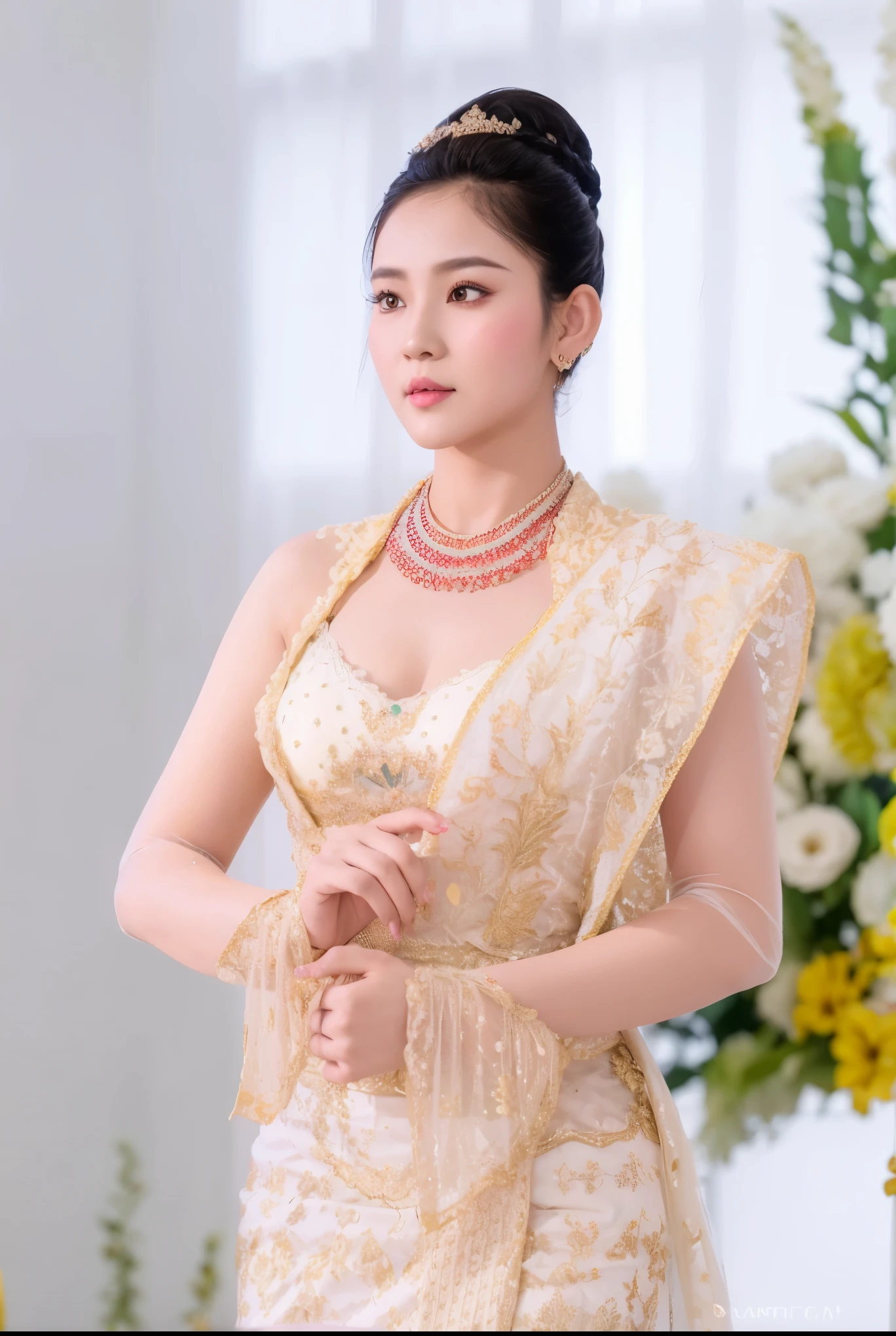 Myanmar outfit ,high quallity realistic photo,1girl, yellow sleeves, dark hair, white skin, light brown hair ornament, yellow lace clothes,double braids,burmese girl,wedding dress, high heel shoe, long legs, transparent lace ,corset , long bra,