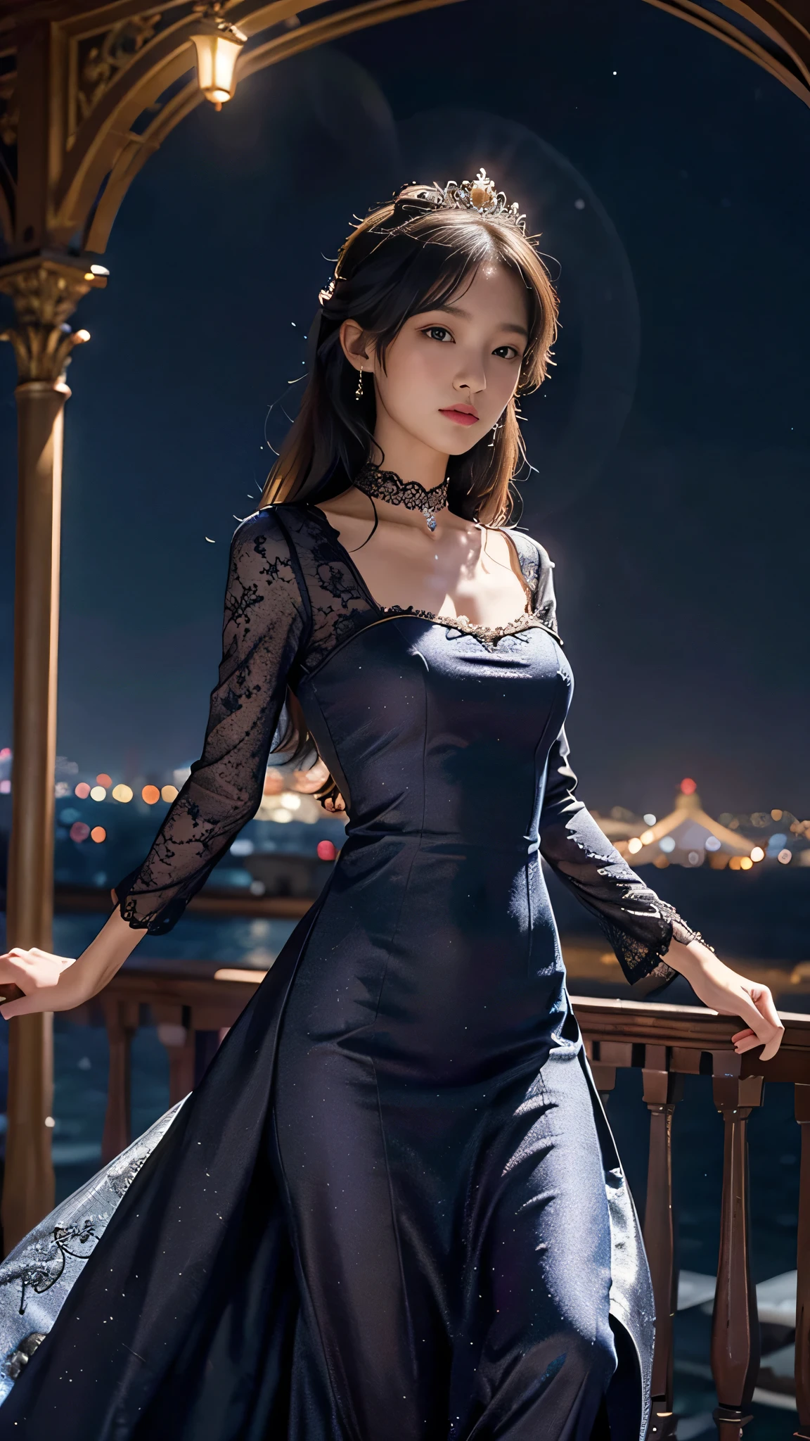 a solo beautiful princess, elegant, detailed, pretty, ), (romanesque background), (night sky), elegant detailed dress), (masterpiece), (good anatomy),