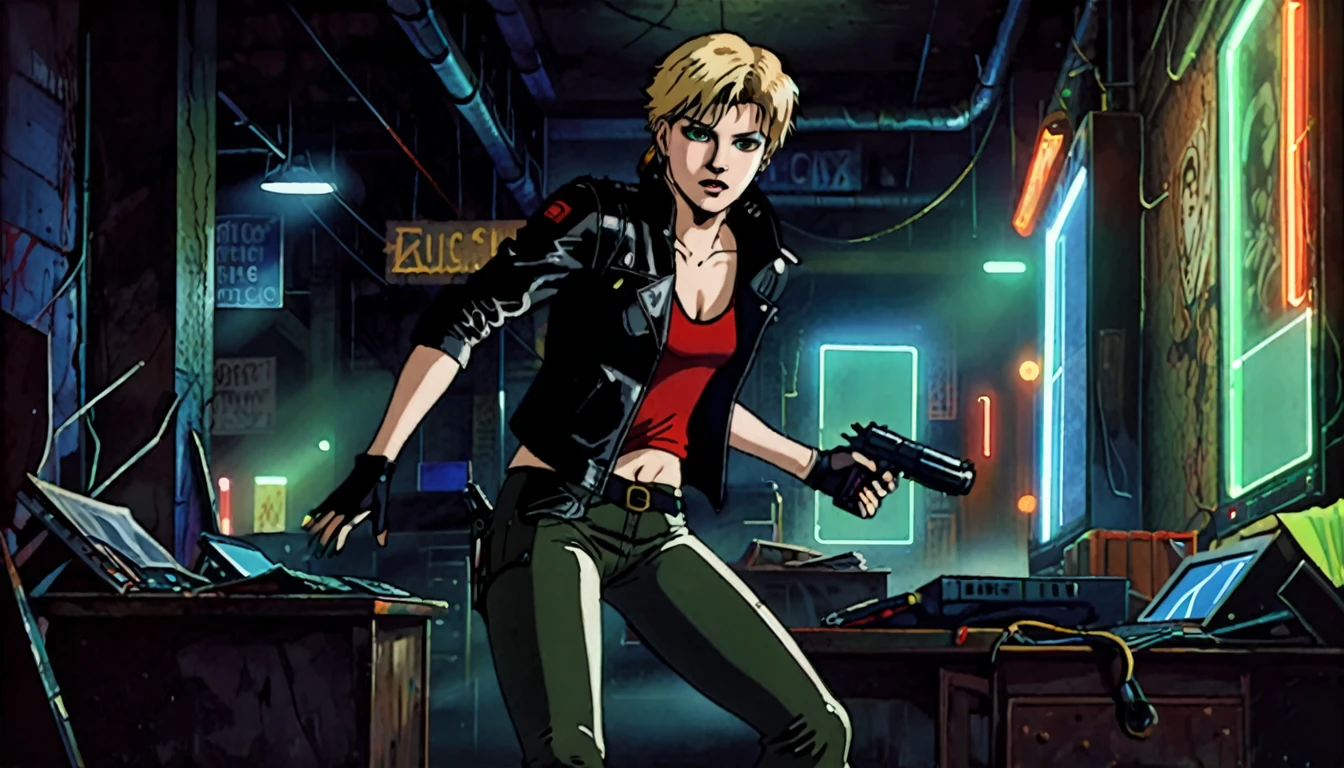 1girl, Heather Mason (Silent Hill 3), blonde hair, short hair, green eyes, one eye glow, 21 years old, leather jacket, gloves, black gloves, jeans, boots, pistol holster, dark warehouse, 1 computer with three led monitors, window, new york cyberpunk city, detailed realistic portrait, cinematic lighting, dramatic contrast, moody atmosphere, high quality, highly detailed, sharp focus, photorealistic, hyperrealistic, dramatic lighting, intricate details, vivid colors, cinematic composition, high resolution, masterpiece