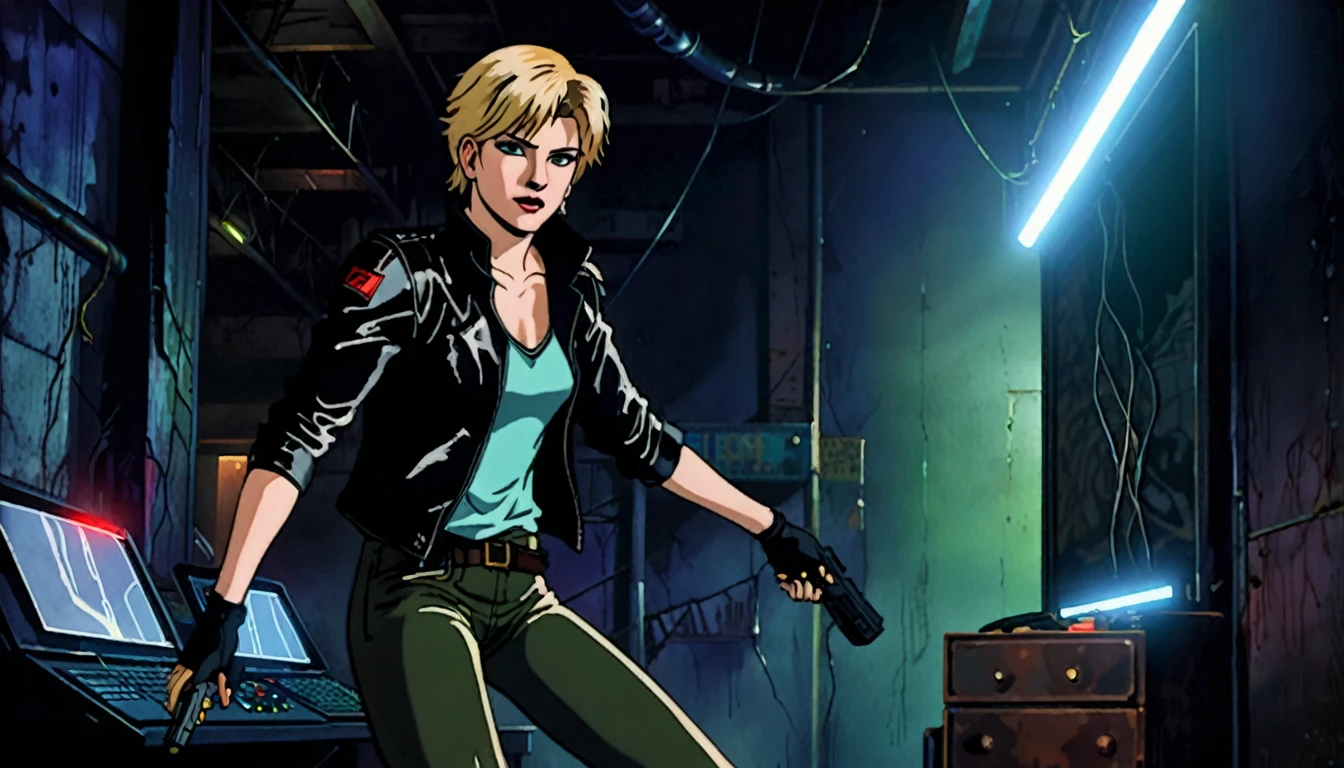 1girl, Heather Mason (Silent Hill 3), blonde hair, short hair, green eyes, one eye glow, 21 years old, leather jacket, gloves, black gloves, jeans, boots, pistol holster, dark warehouse, 1 computer with three led monitors, window, new york cyberpunk city, detailed realistic portrait, cinematic lighting, dramatic contrast, moody atmosphere, high quality, highly detailed, sharp focus, photorealistic, hyperrealistic, dramatic lighting, intricate details, vivid colors, cinematic composition, high resolution, masterpiece