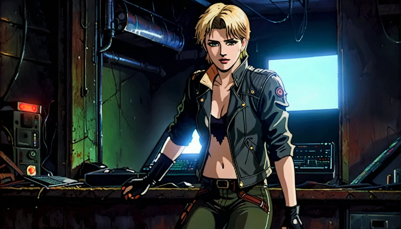 1girl, Heather Mason (Silent Hill 3), blonde hair, short hair, green eyes, one eye glow, 21 years old, leather jacket, gloves, black gloves, jeans, boots, pistol holster, dark warehouse, 1 computer with three led monitors, window, new york cyberpunk city, detailed realistic portrait, cinematic lighting, dramatic contrast, moody atmosphere, high quality, highly detailed, sharp focus, photorealistic, hyperrealistic, dramatic lighting, intricate details, vivid colors, cinematic composition, high resolution, masterpiece