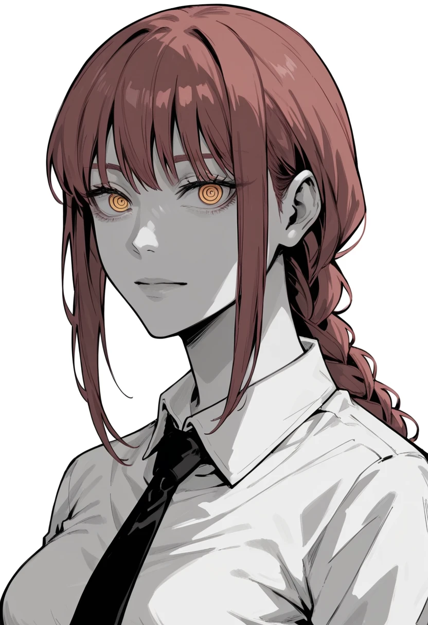 score_9, score_8_up, score_7_up, looking at viewer, makima, red hair, braid ponytail, ringed eyes, yellow eyes, white shirt, black necktie, dark, emotionless, monochrome, simple background