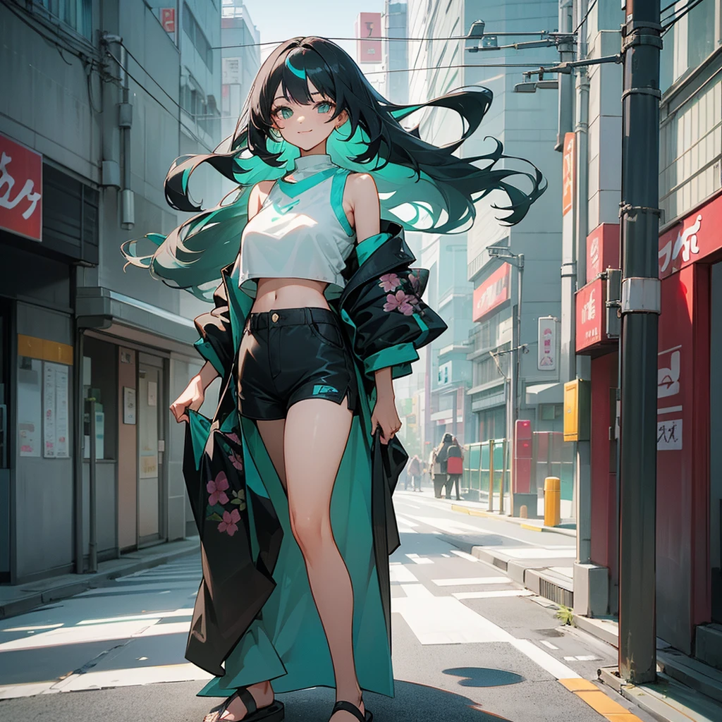 1female, adult, sexy, finely detailed aqua eyes, curly long hair, two tone hair color, grey hair color, black hair color, oversized crop top, baggy shorts, standing on building, day time, tokyo streets, calm expression, smile, flowers