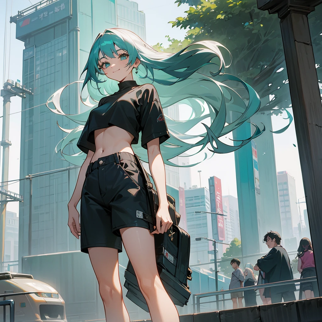 1female, adult, sexy, finely detailed aqua eyes, curly long hair, two tone hair color, grey hair color, black hair color, oversized crop top, baggy shorts, standing on building, day time, tokyo streets, calm expression, smile, flowers