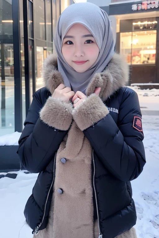 Best quality, 4K, 8K, Detailed faces,fully body photo, Clear face, Japanese muslim girl, 21 years old girl, Perfect body figure, Long slim legs, Pasmina hijab, Long down jacket with hood, Fur trim jacket, White jacket, Snowy Tokyo background 