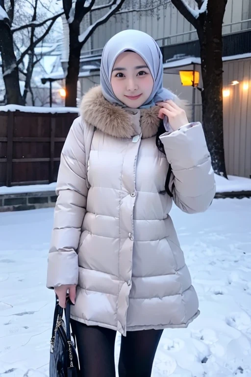 Best quality, 4K, 8K, Detailed faces,fully body photo, Clear face, Japanese muslim girl, 21 years old girl, Perfect body figure, Long slim legs, Pasmina hijab, Long down jacket with hood, Fur trim jacket, White jacket, Snowy Tokyo background 