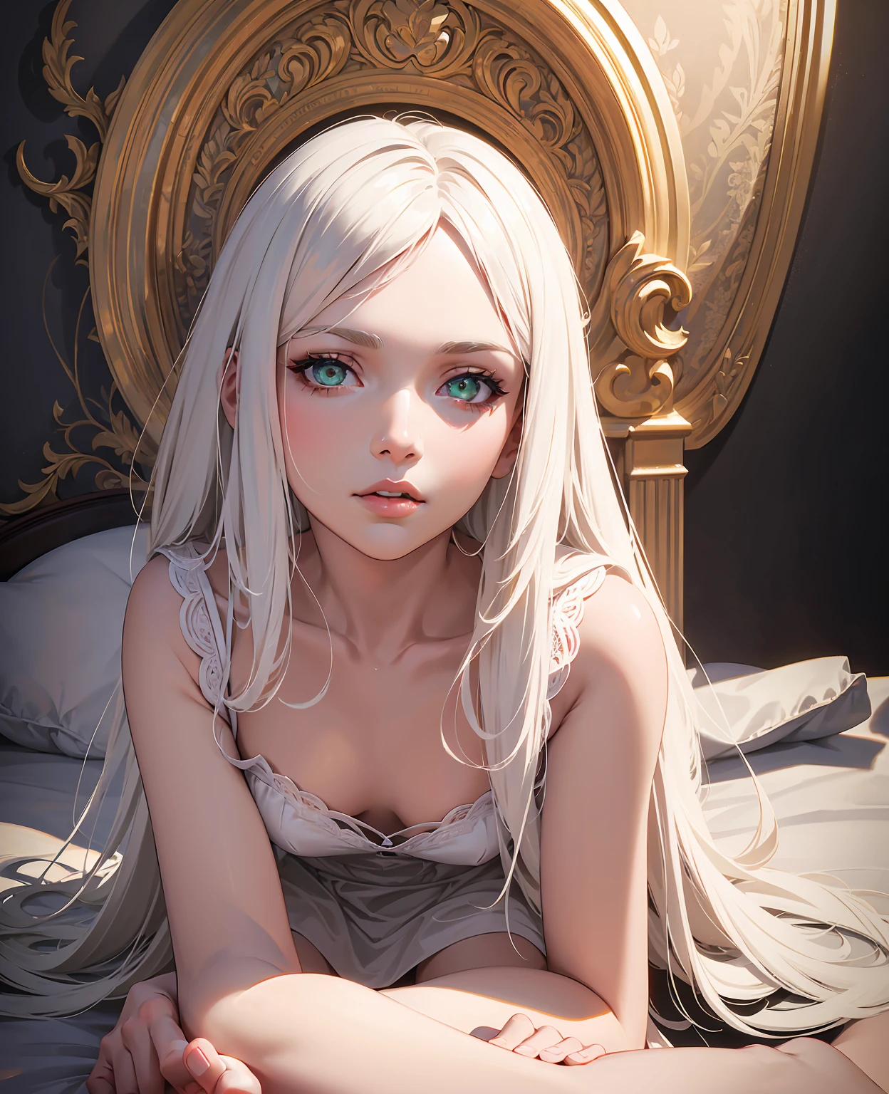 a beautiful woman with long white hair, green eyes, kneeling on a bed, biting her lips, looking directly at the camera, (best quality,4k,8k,highres,masterpiece:1.2),ultra-detailed,(realistic,photorealistic,photo-realistic:1.37),highly detailed face, extremely detailed eyes, high quality detailed skin, detailed silky white hair, elegant lingerie, dramatic lighting, cinematic composition, vibrant colors, glowing skin, digital art, portrait