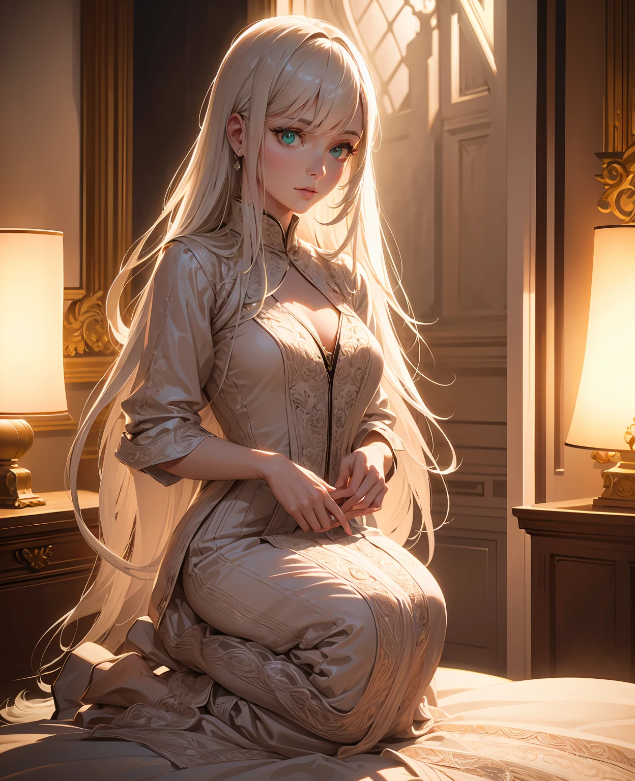 a beautiful woman with long white hair, green eyes, kneeling on a bed, biting her lips, looking directly at the camera, (best quality,4k,8k,highres,masterpiece:1.2),ultra-detailed,(realistic,photorealistic,photo-realistic:1.37),highly detailed face, extremely detailed eyes, high quality detailed skin, detailed silky white hair, elegant lingerie, dramatic lighting, cinematic composition, vibrant colors, glowing skin, digital art, portrait