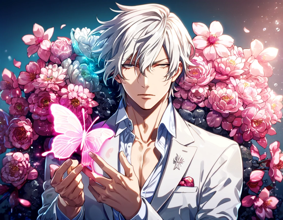 absurdres, highres, ultra detailed, HDR, master piece, best quality, Makishima Shougo, white hair, expressive gray eyes, psycho pass, solo, sexy man, handsome, white clothes, magical, fantasy, shining, pink flowers, pink blossoms, pink butterflies, pink petals, water