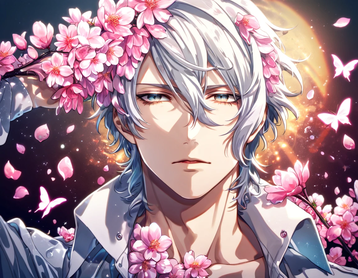 absurdres, highres, ultra detailed, HDR, master piece, best quality, Makishima Shougo, white hair, expressive gray eyes, psycho pass, solo, sexy man, handsome, white clothes, magical, fantasy, shining, pink flowers, pink blossoms, pink butterflies, pink petals, water