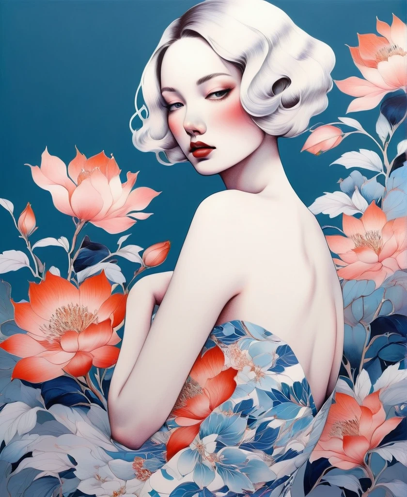 chiaroscuro technique on sensual illustration of an elegant , retro and vintage ,silky flower around body, matte painting, by Hannah Dale, by Harumi Hironaka, extremely soft colors, vibrant, pastel, highly detailed, digital artwork, high contrast, dramatic, Blue and white porcelain