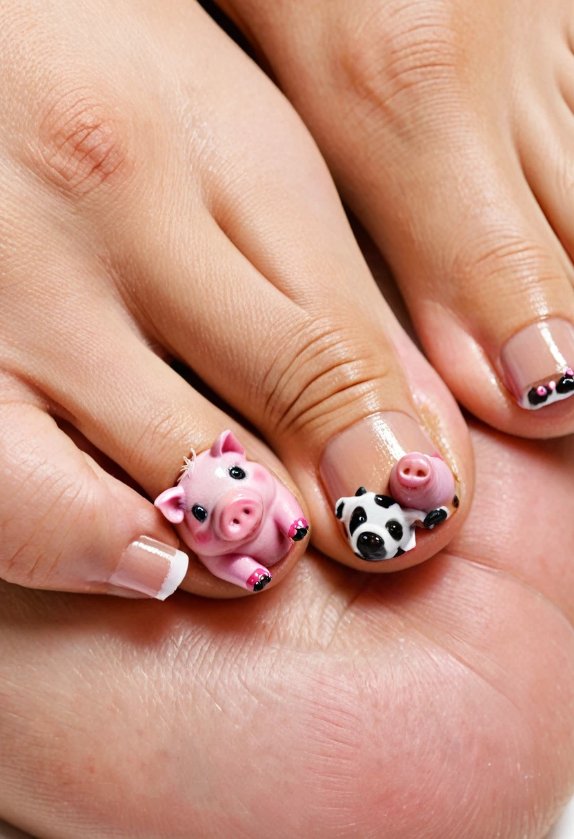 Create a hyperdetailed photorealistic macro image of a woman's painted toenails. Each toenail has the image of a little piggy on it, each one doing something different.