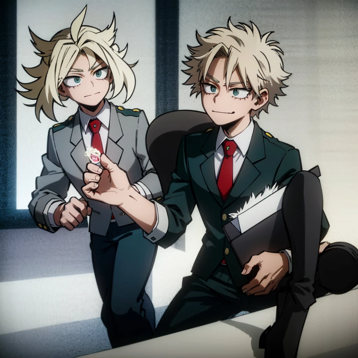 1boy, male focus, boku no hero academia, masterpiece, best quality, very aesthetic, absurdres, short spiky hair, blonde hair, green eyes, smirk, gray jacket, red tie, white shirt, teal pants, boots 