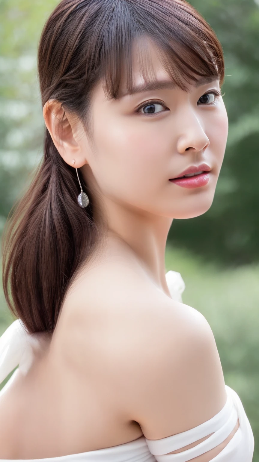 8K quality、High resolution、Realistic skin texture、High resolutionの瞳、A dignified woman、Princess Hair、thin、Small and young breasts、Realistic tongue、Beautiful cleavage、Brown Hair、美しくthin脚、Sweating profusely、Sweat accumulates in the chest、Cafe terrace in the evening、Shooting from the side、wedding guest clothes、Sexy pose