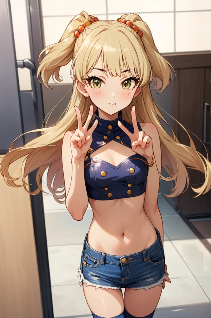 , aarika, long hair, two side up, hair bobbles, small breasts, looking viewer,,miniskirt,thigh gap,,crop top,bare arms,navel,denim skirt,thighhighs,(((Gyaru))),indoor,blush,,peace sign,standing