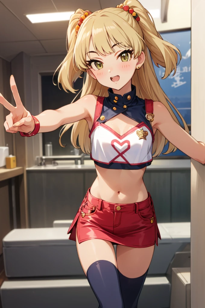 , aarika, long hair, two side up, hair bobbles, small breasts, looking viewer,,miniskirt,thigh gap,,crop top,bare arms,navel,denim skirt,thighhighs,(((Gyaru))),indoor,blush,,peace sign,standing