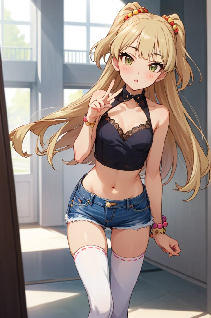 , aarika, long hair, two side up, hair bobbles, small breasts, looking viewer,,miniskirt,thigh gap,,crop top,bare arms,navel,denim skirt,thighhighs,(((Gyaru))),indoor,blush,,peace sign,standing