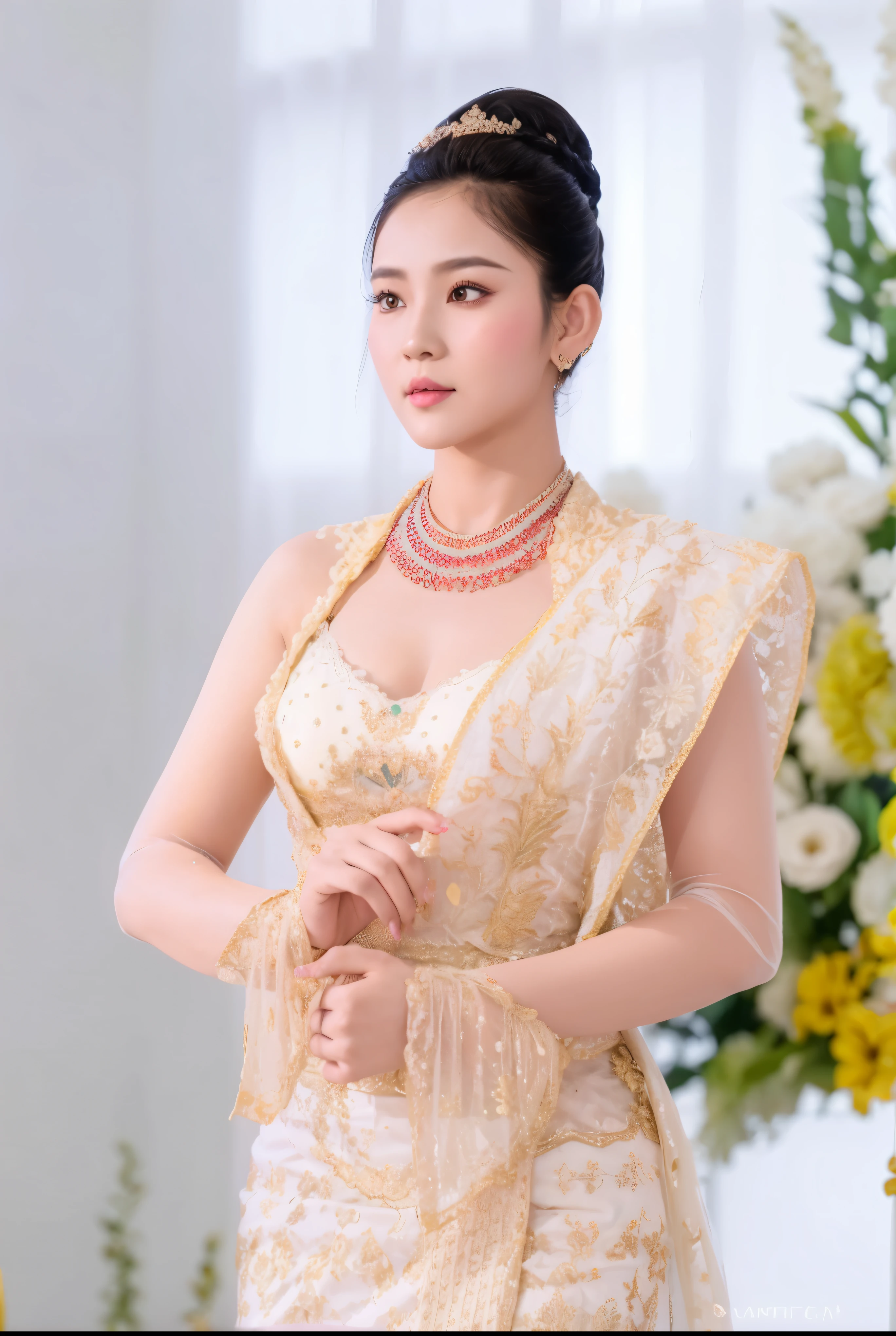 Myanmar outfit ,high quallity realistic photo,1girl, yellow sleeves, dark hair, white skin, light brown hair ornament,  yellow lace clothes,double braids,burmese girl,wedding dress, high heel shoe, long legs, transparent lace ,corset , long bra, 