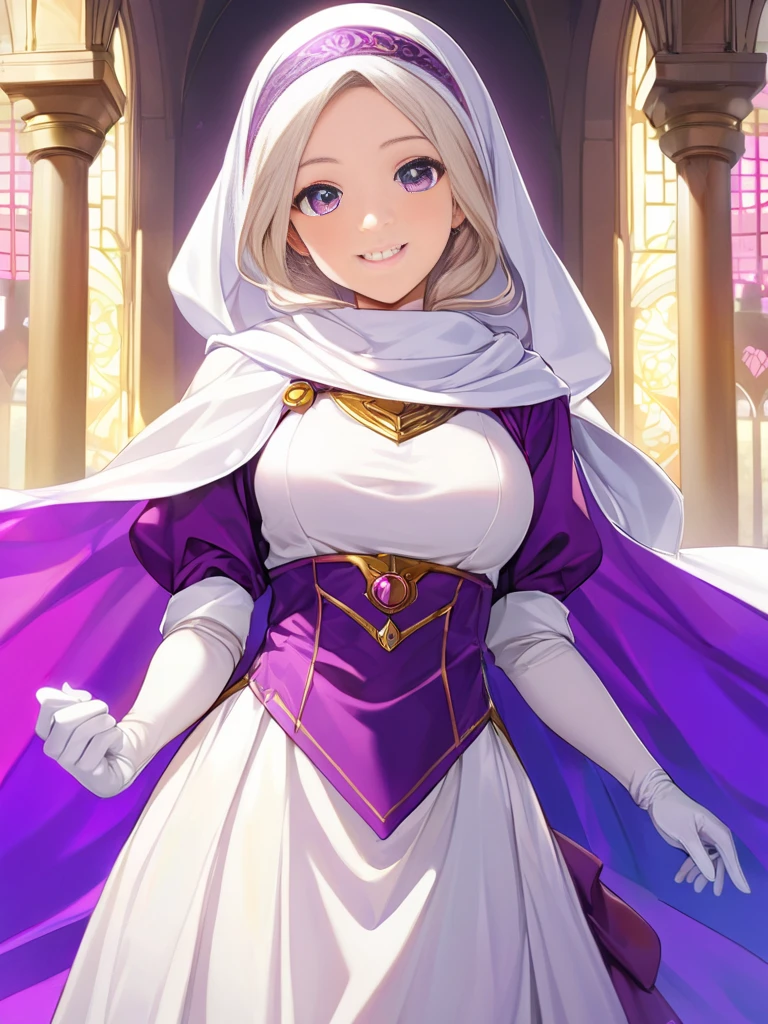 High-resolution anime digital art, Masterpiece, Female, Tomboy, Mature, Humble, Kind, Smart,purple pupil eyes, wearing white hijab, Wearing long purple dress, Women's white fabric gloves, happy face, vivid colours.