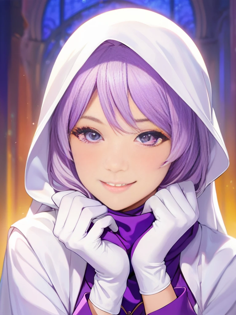 High-resolution anime digital art, Masterpiece, Female, Tomboy, Mature, Humble, Kind, Smart,purple pupil eyes, wearing white hijab, Wearing long purple dress, Women's white fabric gloves, happy face, vivid colours.