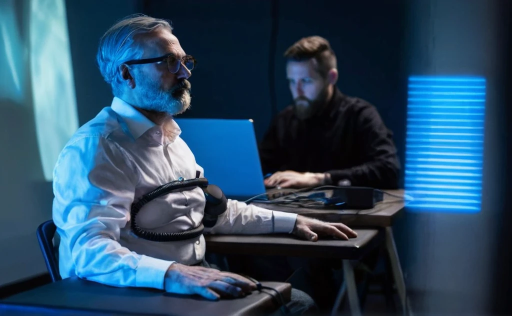 An old man with gray hair, a beard, and glasses, wearing a white shirt, sits on the left side of the picture. He was hooked up to a polygraph machine with a variety of sensors: two black pneumograph tubes coiled horizontally across his chest and upper abdomen to his back, a sensor probe with wires sticking out of his right fingers, and a blood pressure cuff on his upper left arm. He sat up straight and faced slightly to the left. In the background, a bearded young man sits on the right side, wearing dark clothing, and focused on a laptop, monitoring a polygraph machine. This room is dark with blue light sources on the left and right sides