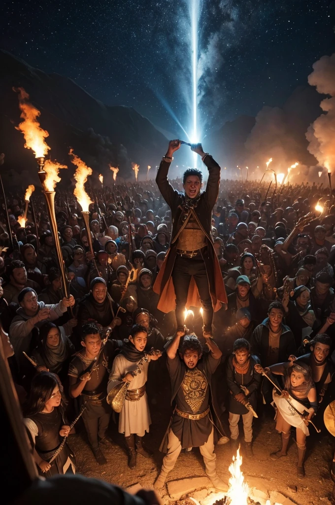 An illustration of Gideon and his 300 warriors ready for battle. Gideon is ahead, holding a trumpet in one hand and a lit pitcher in the other. His warriors are behind him, all with trumpets in one hand and lit pitchers in the other. The scene takes place at night, with a starry sky. Ao fundo, pode-se ver o acampamento dos midianitas, com tendas e fogueiras. A imagem deve transmitir coragem, faith and unity under the leadership of Gideon.