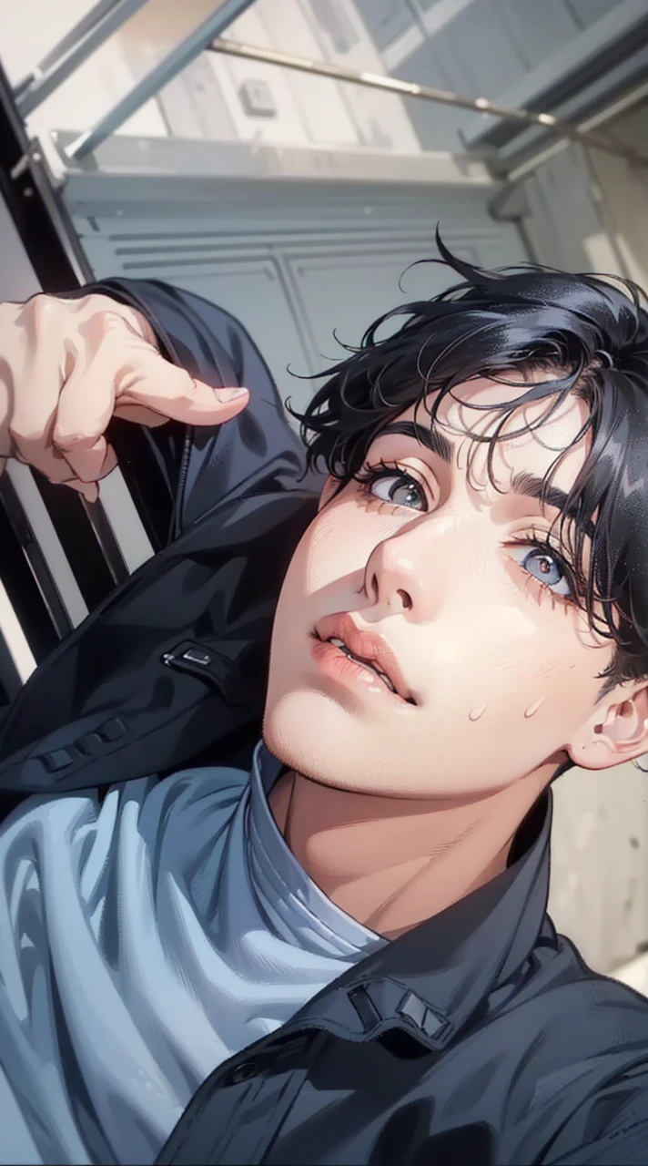 ((highest quality, masterpiece, 4k, finely detailed, detailed eyes, detailed face, gelbooru, pixiv)), warm lighting, ((solo)), 1 male, handsome, masculine, adult male, broad shoulders, closeup of face, ((black chin hair)), portrait, slight blush on cheeks, smiling, looking at viewer, ((lazy eyes, half-lidded, eyebags under eyes, black eyes with white pupils)), wearing modern clothing, hoodie with a logo, sweatpants, standing, hands in pockets, ((black hair, medium length hair, shaggy hairstyle, messy hair)), city background