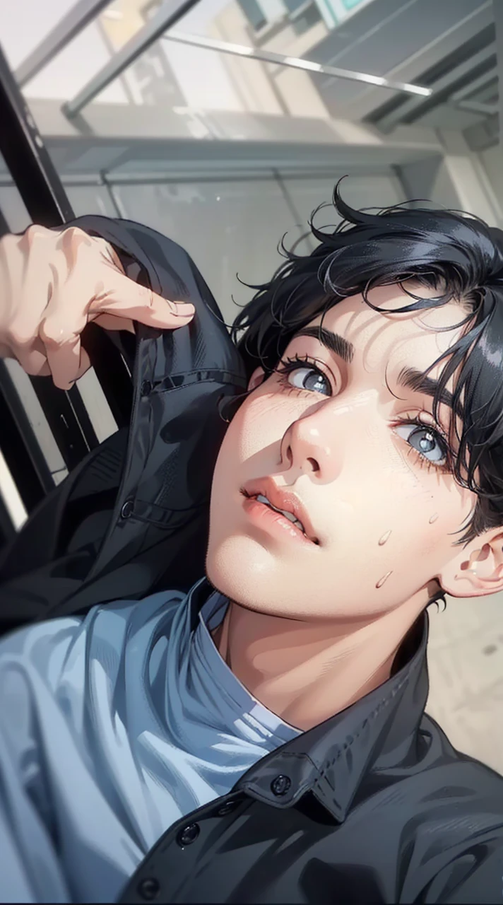 ((highest quality, masterpiece, 4k, finely detailed, detailed eyes, detailed face, gelbooru, pixiv)), warm lighting, ((solo)), 1 male, handsome, masculine, adult male, broad shoulders, closeup of face, ((black chin hair)), portrait, slight blush on cheeks, smiling, looking at viewer, ((lazy eyes, half-lidded, eyebags under eyes, black eyes with white pupils)), wearing modern clothing, hoodie with a logo, sweatpants, standing, hands in pockets, ((black hair, medium length hair, shaggy hairstyle, messy hair)), city background