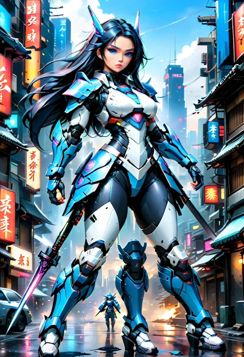 Japanese water color art picture of a mecha samurai woman in cyberpunk city, a mecha samurai woman, exquisite beautiful woman, (fully clothed: 1.3), black hair, long hair, (blue eyes: 1.3), she stands ready to battle, wearing (white mecha armor: 1.3), high heeled boots, she is armed with a Japanese sword, Japanese Cyberpunk city at night, background, (Masterpiece: 1.5), 16k, highres, best quality, high details, ultra detailed, masterpiece, best quality, (extremely detailed), arafed, mecha, 