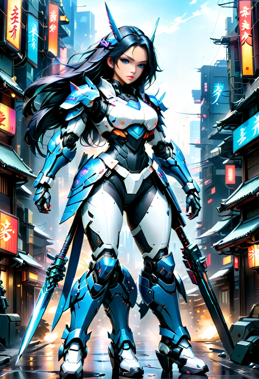Japanese water color art picture of a mecha samurai woman in cyberpunk city, a mecha samurai woman, exquisite beautiful woman, (fully clothed: 1.3), black hair, long hair, (blue eyes: 1.3), she stands ready to battle, wearing (white mecha armor: 1.3), high heeled boots, she is armed with a Japanese sword, Japanese Cyberpunk city at night, background, (Masterpiece: 1.5), 16k, highres, best quality, high details, ultra detailed, masterpiece, best quality, (extremely detailed), arafed, mecha,