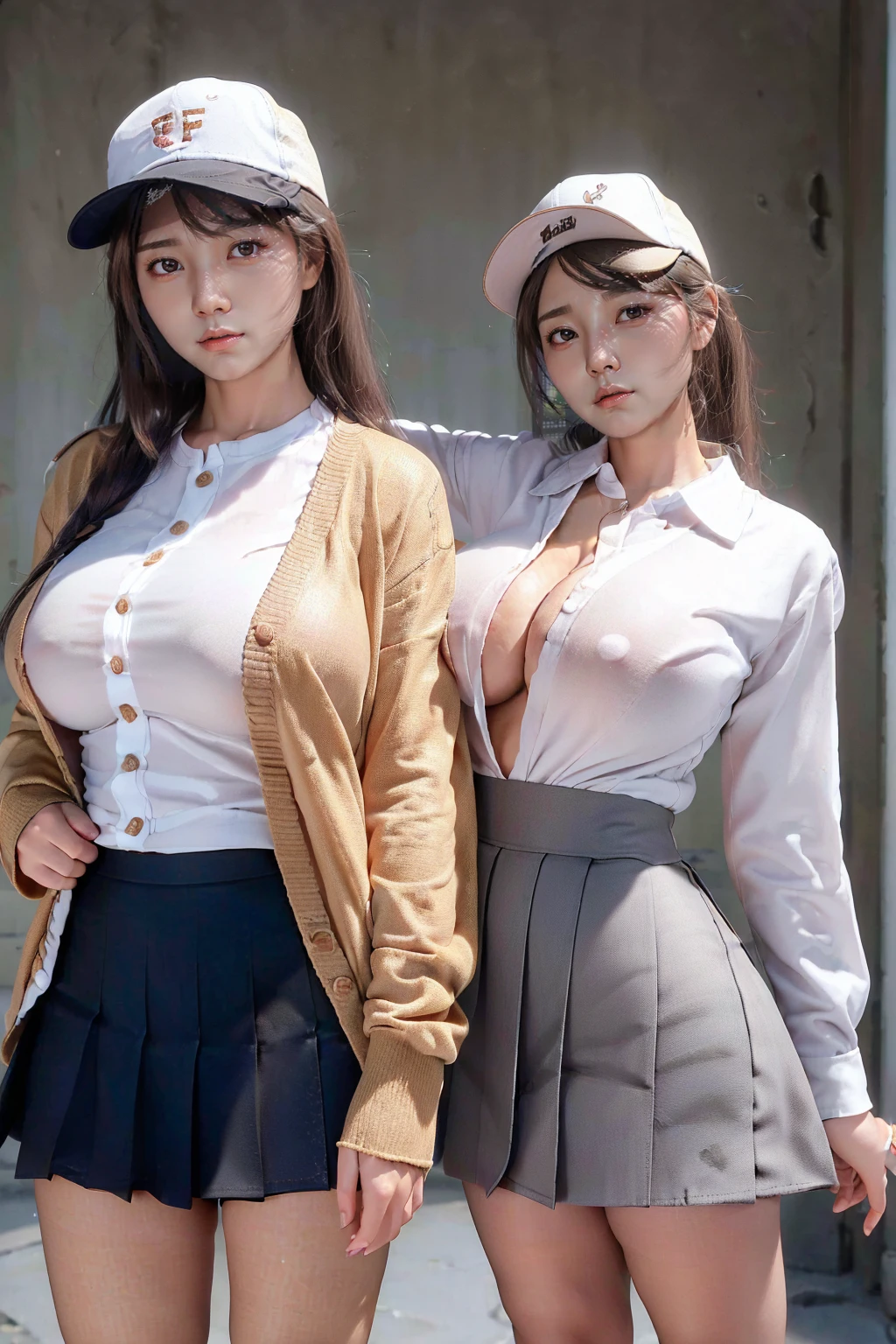 (8k), (Highest quality: 1.5), (Realistic: 1.1), Ultra-high resolution, (RAW Photos:1.4), (Two tall Japanese high school girls), (Anatomically correct leg angle),((Full body photography)), Very detailed, Golden Ratio, (Blonde ponytail), (F cup big breasts with a fitted shirt:1.7), (Two Sisters), (Very cute face, Looking down at the photographer, Stand with your feet shoulder-width apart), Simple uniforms, The sisters wear the same uniform, (Wearing a cardigan and miniskirt uniform), Long sleeve cardigan, (The skirt is very short), (Very long legs:1.4), ((I&#39;m wearing plain black pantyhose)), ((High school girls always wear black stockings.)), (Wearing brown high heel loafers), Accurate high heel loafers, Arms tied, Place your arms behind your back, Inhibition, Leaning forward, (Peeing on your own,urination:1.4),((Urine is an opaque white liquid)), (Embarrassing:1.2), I suddenly had to go to the toilet., Wet clothes, Pee running down her legs, Urine is an opaque , Pee despair pose, Desperate pee face, Big pee poodle,