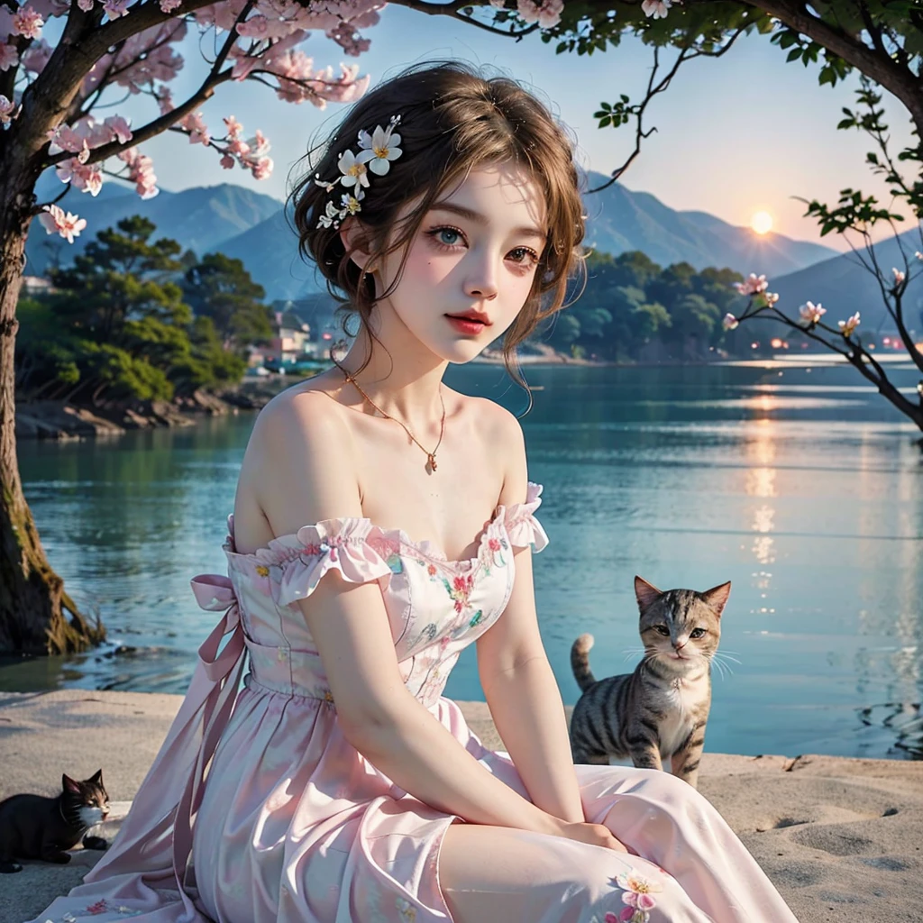 Masterpiece, Best quality, high resolution, realistic , hyperrealism , lifelike photography ,2024s, , alluring beautiful full body shot, (curly blondish brunette long hair, blue beautiful eyes), white skin with freckles,((( beautiful short cut naughty dress with flower embroidery and details ))), beautiful golden necklaces & bracelets, elegant bearing, beautiful landscape background of a rose & lilac & orchid garden, high budget , beautiful mesmerizing face and small nose, long and curly sparkling hair , holding a beautiful orange stray cat , clivage , sunset , pink clouds , yellowish red rays at the horizon, elegant posing, beautiful legs, fit body, gorgeous Russian woman standing and naughty posing at the lagoon shores, back shot, side shot , front shot, blue lagoon , full body shot at the frame , naughty smile , deep cut chest style dress,(( very short skirt)) ,windy summer breeze , reasonable naked body parts, reasonable nudity ,((((cute cats sitting around her)))), naughty girl , very cute smile, bra and underwear is seen , lingerie