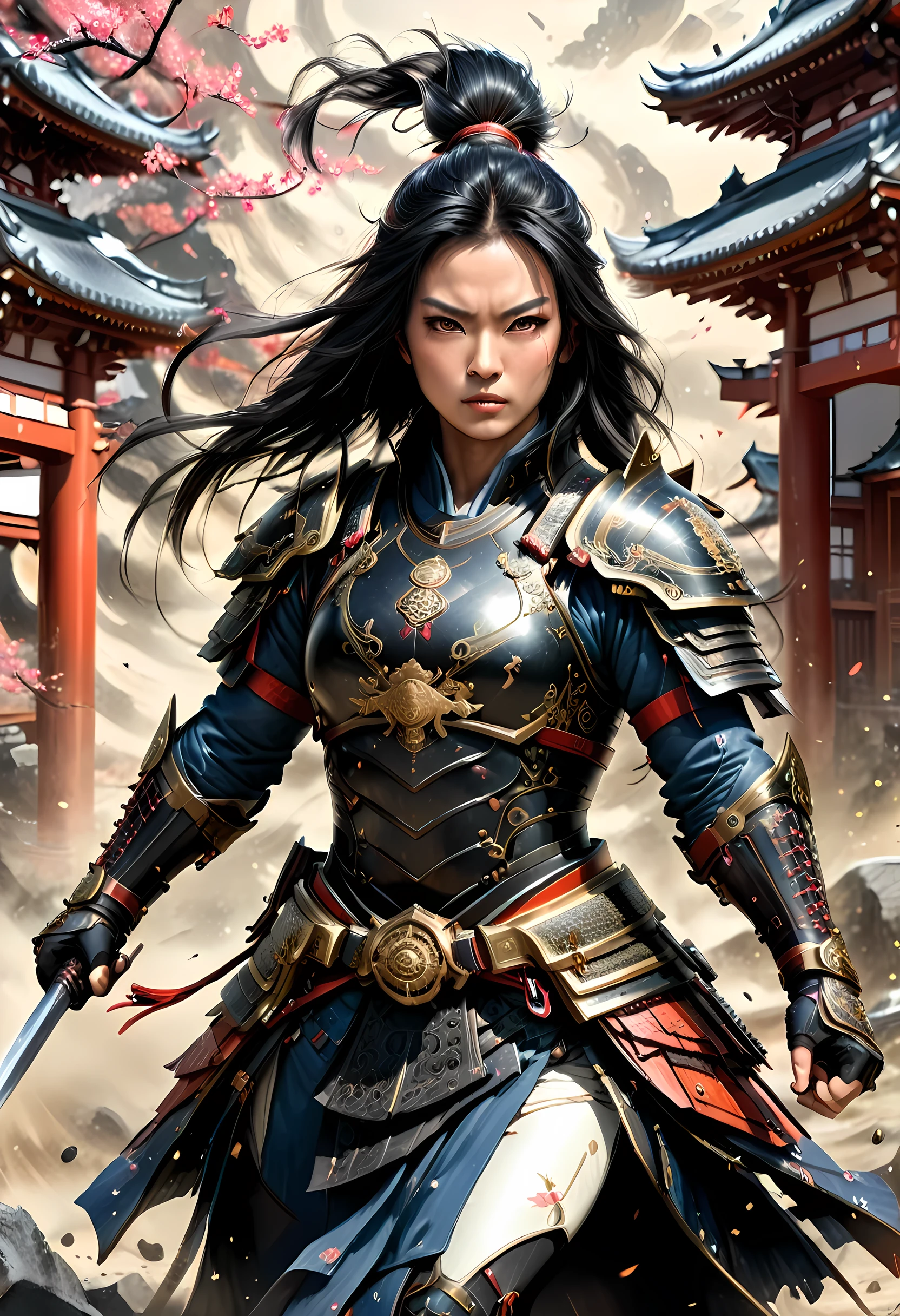 a picture of Japanese female samurai, she has long black hair, wearing niji armor, armed with a katana, ready for battle, dynamic angle, full budy, Japanese fantasy art, Japanese temple background, (Masterpiece: 1.5), 16k, highres, best quality, high details, ultra detailed, masterpiece, best quality, (extremely detailed), arafed, dnd art,