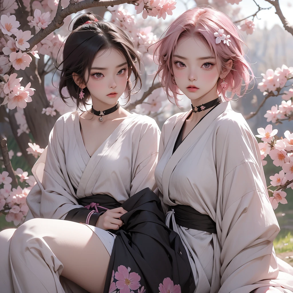 1girl, short pink hair, purple eyes, sexy traditional archery clothes, choker, black masker, sitting on the rock, wide sakura flower field, angry face, 8K, Hi-Res