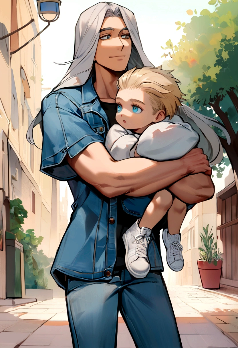 German man, 25 anos, olhos verdes detalhados cabelos louro , heartthrob style, com ar de santidade, sorrindo, seeing the sky, usando uma camiseta vermelho, jeans, and white sneakers, a denim jacket hugged with the beautiful, 25 anos, olhos azul detalhados cabelos negro liso curto fraja, corpo de modelo desenvoldo, com ar de santidade, sorrindo, seeing the sky, wearing a long, loose red sailor dress and shoes hugging the boy, missing him so much