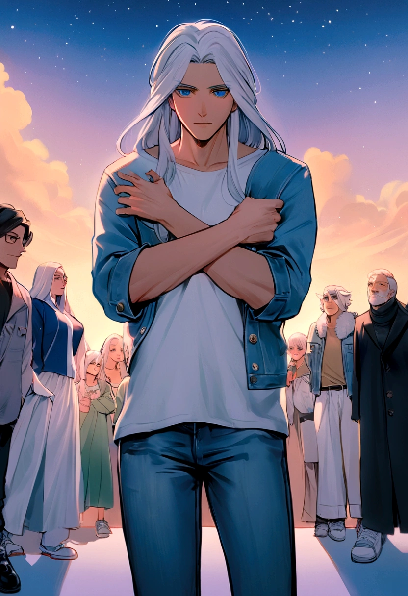 German man, 25 anos, olhos verdes detalhados cabelos louro , heartthrob style, com ar de santidade, sorrindo, seeing the sky,  usando uma camiseta vermelho, jeans, and white sneakers, a denim jacket hugged with the beautiful, 25 anos, olhos azul detalhados cabelos negro liso curto fraja, corpo de modelo  desenvoldo, com ar de santidade, sorrindo, seeing the sky,  wearing a long, loose red sailor dress and shoes hugging the boy, missing him so much