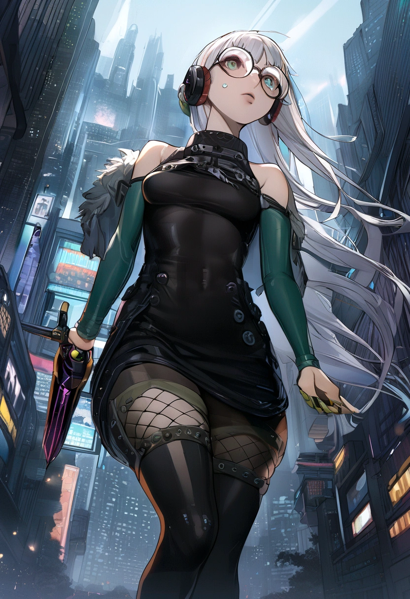 ((best quality)), ((masterpiece)), (detailed), 1girl, anime girl, city background, white hair, fairy, pixie, blue, punk, tech, jelly fish hair cut, holding dagger, tired, shaggy long hair, round glasses, messy, skin tight dress, looking up, computers, thigh highs, green eyes, cyberpunk, cloak