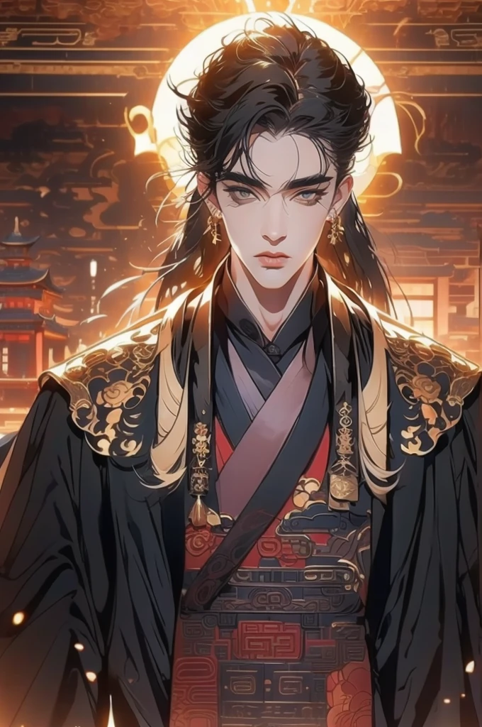 a man in a black robe, young and handsome man, ponytail, long hair, ancient Chinese clothing, qi, a huge saber, ancient Chinese buildings in the background, night, powerful character, purple rays, a beautiful landscape. Detailed face, thick eyebrows, black eyes, 8k, robe embroidered with gold edges, detailed clothing, xianxia, ​​world of cultivation.