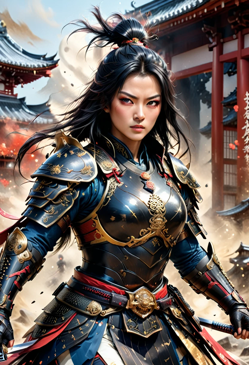 a picture of Japanese female samurai, she has long black hair, wearing niji armor, dynamic color armor, armed with a katana, ready for battle, dynamic angle, full budy, Japanese fantasy art, Japanese temple background, (Masterpiece: 1.5), 16k, highres, best quality, high details, ultra detailed, masterpiece, best quality, (extremely detailed), arafed, dnd art, 