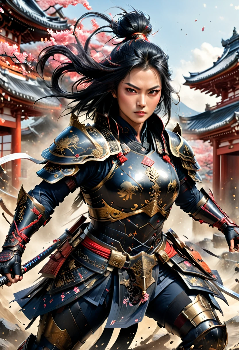 a picture of Japanese female samurai, she has long black hair, wearing niji armor, dynamic color armor, armed with a katana, ready for battle, dynamic angle, full budy, Japanese fantasy art, Japanese temple background, (Masterpiece: 1.5), 16k, highres, best quality, high details, ultra detailed, masterpiece, best quality, (extremely detailed), arafed, dnd art,