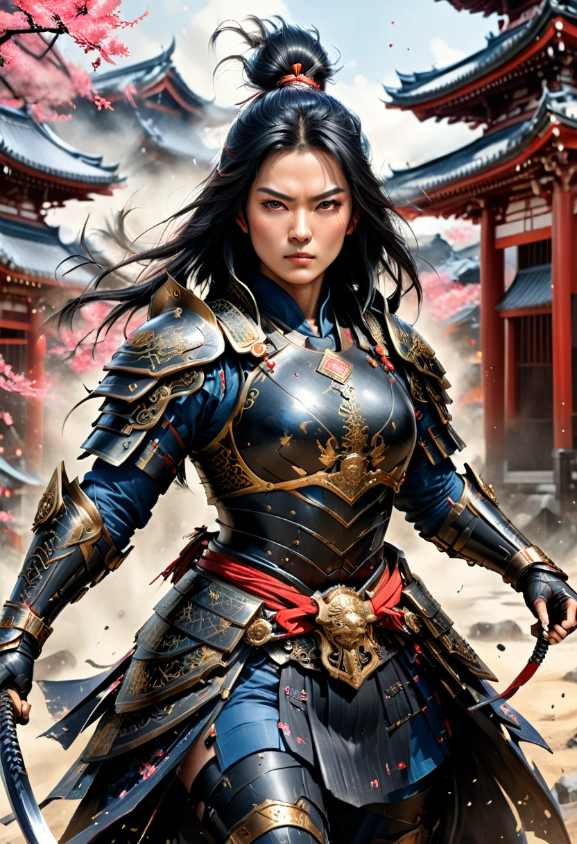 a picture of Japanese female samurai, she has long black hair, wearing niji armor, dynamic color armor, armed with a katana, ready for battle, dynamic angle, full budy, Japanese fantasy art, Japanese temple background, (Masterpiece: 1.5), 16k, highres, best quality, high details, ultra detailed, masterpiece, best quality, (extremely detailed), arafed, dnd art, 