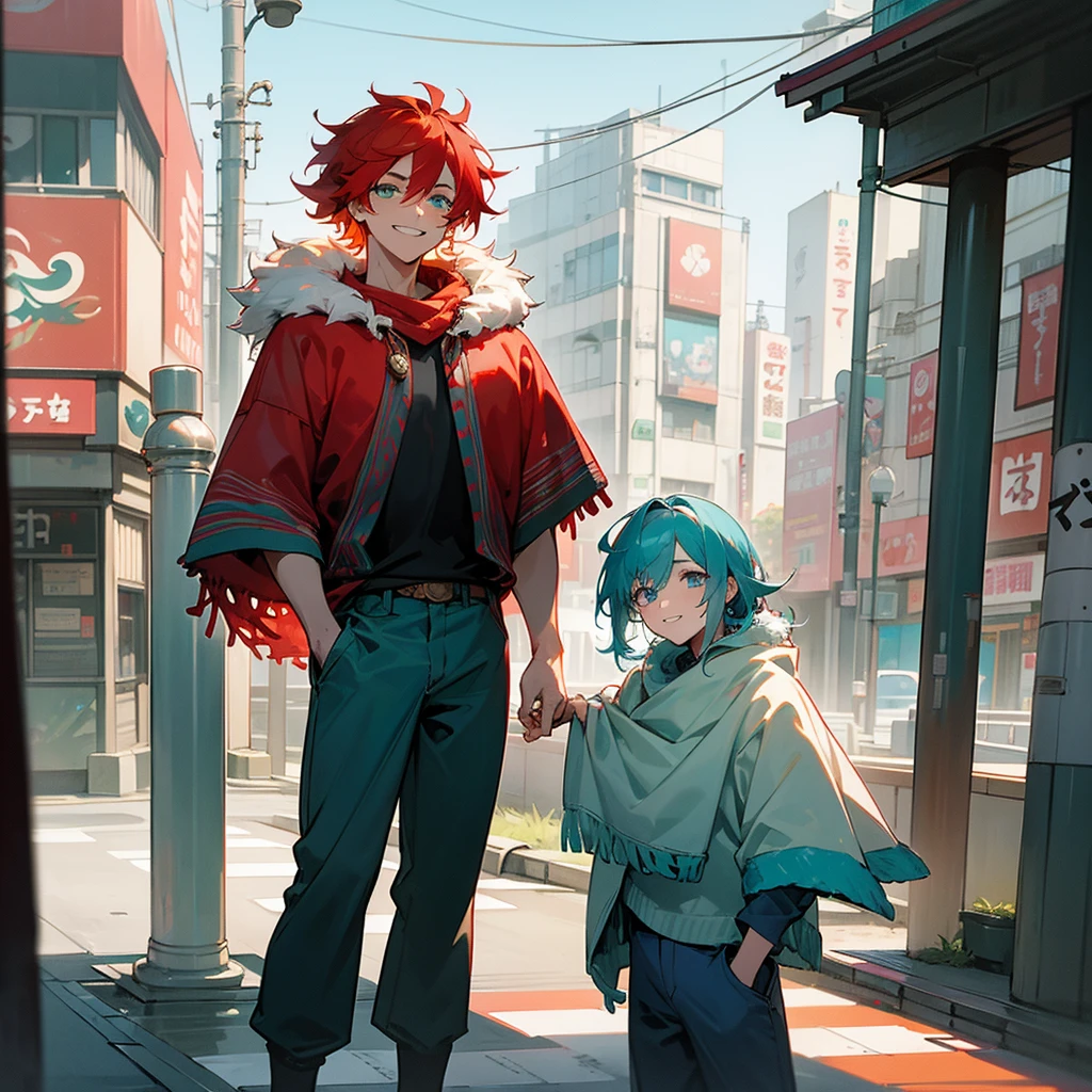 1male, adult, finely detailed aqua eyes, messy medium hair, two tone hair color, red hair color, blue hair color, casual clothing, loose pants, fur poncho, standing on building, day time, tokyo streets, calm expression, muscular, grin