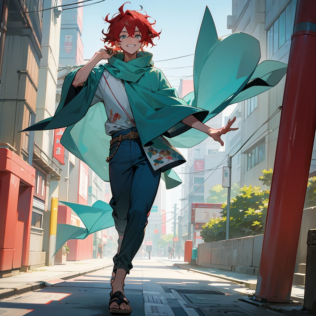 1male, adult, finely detailed aqua eyes, messy medium hair, two tone hair color, red hair color, blue hair color, casual clothing, loose pants, fur poncho, standing on building, day time, tokyo streets, calm expression, muscular, grin