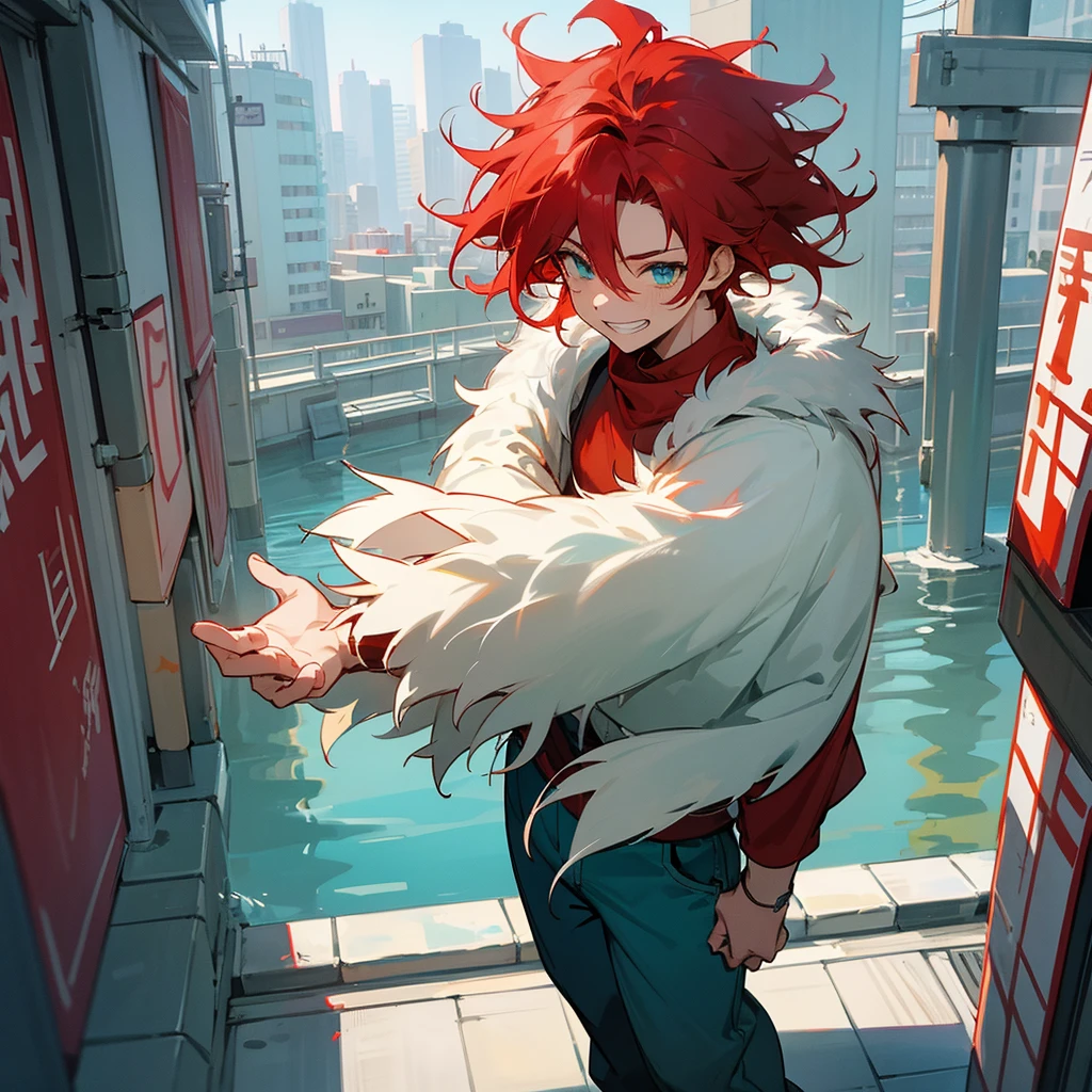 1male, adult, finely detailed aqua eyes, messy medium hair, two tone hair color, red hair color, blue hair color, casual clothing, loose pants, fur poncho, standing on building, day time, tokyo streets, calm expression, muscular, grin