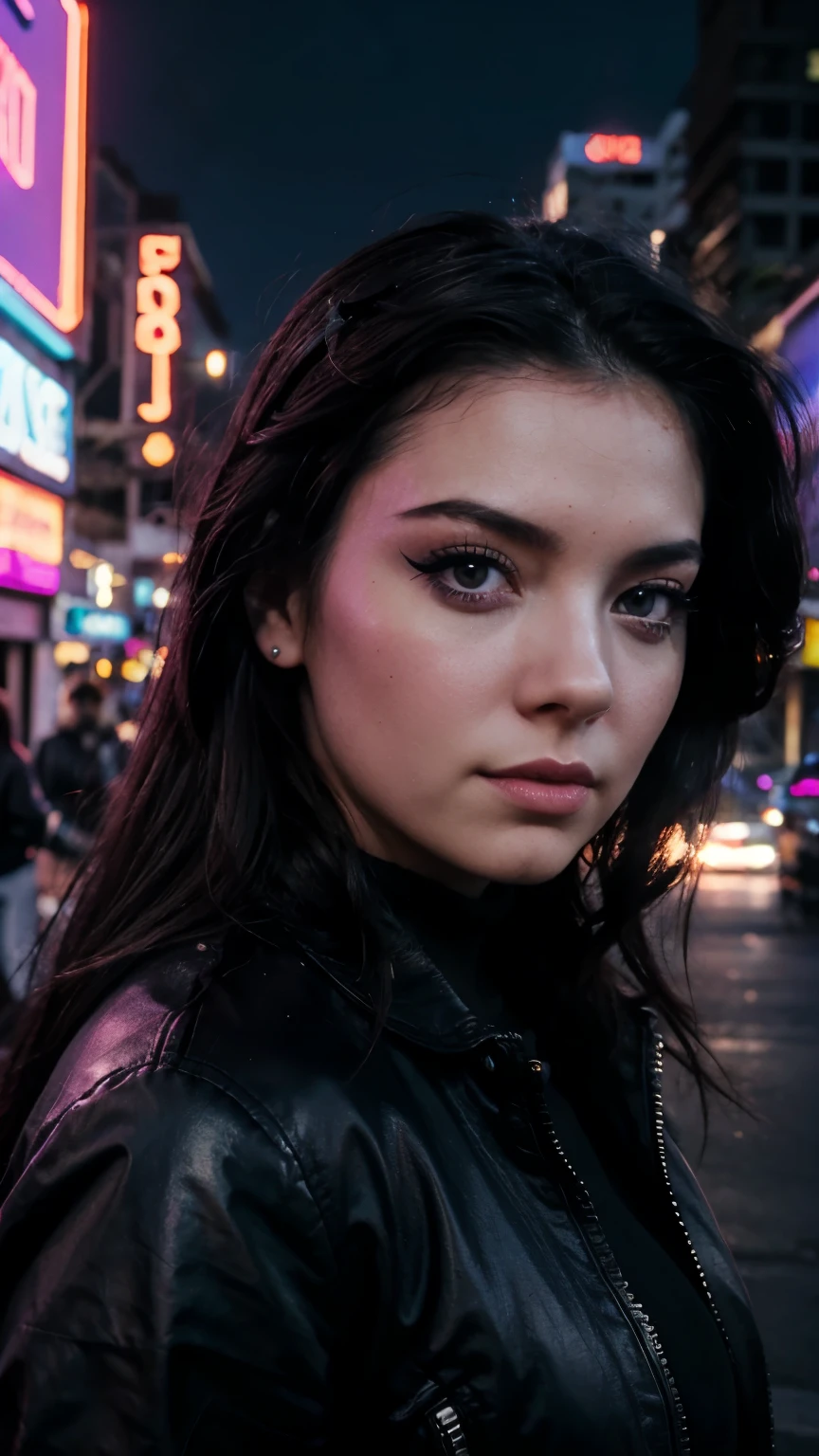 Una chica con el rostro de Amy lee, estilo synthwave, con un fondo de una Ciudad futurista y un letrero que diga Ignacio Jaic